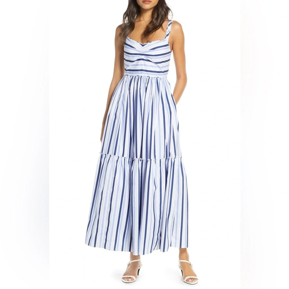 J. Crew Shirting Stripe Tiered Maxi Dress Multi Blue | 100% Cotton | Size 10